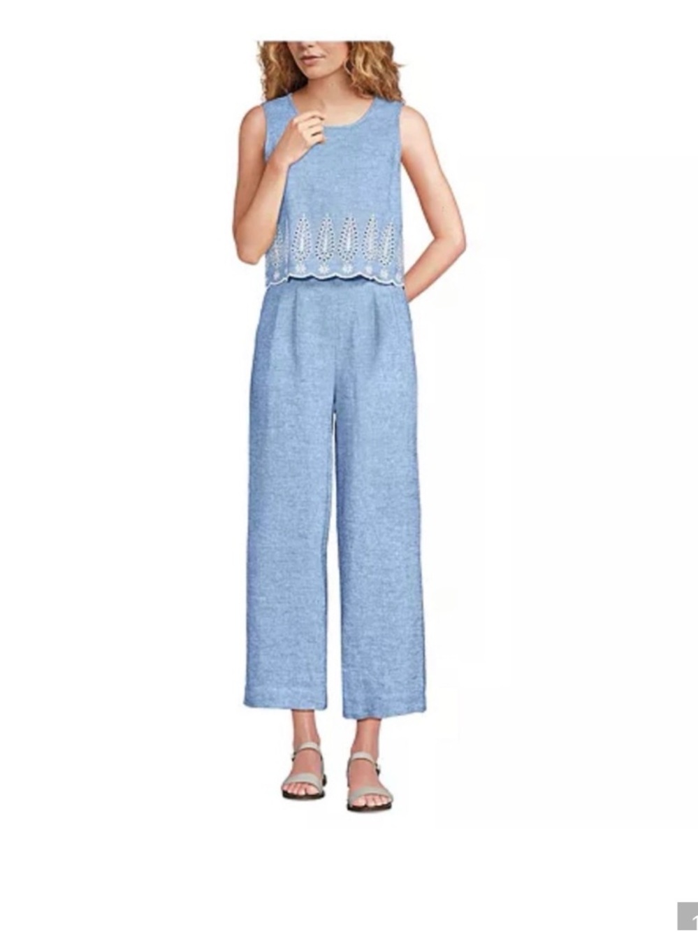 Lands' End Light Blue Sleeveless Wide-Leg Jumpsuit with Eyelet Hem